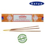 Encens champa Satya, un encens indien avec une fragrance épicée et florale. Provenant de la vaste gamme d'encens indiens Satya Sai Baba, l'encens champa contribue à instaurer équilibre et clarté d'esprit. L'ambiance exquise créée par le parfum de la Champa, alliant épices et fleurs, est tout simplement irrésistible. Champa, le cousin délicat du jasmin, offre une sensation apaisante et nourrissante tout en conservant toutes les propriétés extraordinaires du jasmin.