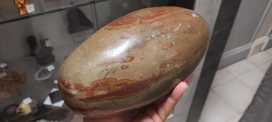 Shiva Lingam ( présenté sur la photo ) Taille : 270 mm x 130 mm ( 27 cm x 13 cm ) Poids :  5718 gr ( 5kg718 ) Chaque Minéral est unique , néanmoins les modèles de 5,5 à 6kg sont au même tarif. soit 176€40 pièce. Les Shiva lingam sont des pierres qui proviennent de la rivière Narmada, un des sept lieux sacrés de pèlerinage hindou au centre ouest de l’Inde. Cette rivière est née de la transpiration de Shiva selon l’histoire. Le Shiva lingam est de couleur marron, beige à rouge. Sa forme ovoïde représente les énergies de Yin et du Yang. Attention : Les propriétés, modes et indications d’utilisation citées sont issues des ouvrages ou sites Internet de référence. Ces informations sont données à titre informatif. Elles ne sauraient en aucun cas constituer une information médicale, ni engager notre responsabilité. Symbole de dieu dans la mythologie indienne, le Shiva lingam est une pierre sacrée. Pierre très apaisante, elle nous permet d'avoir un soutient lors des conflits intérieurs et extérieurs, purifie les mauvaises ondes et nous donne la force de combattre.